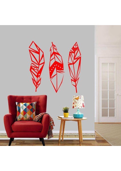 Çizgisel Tüyler Dekoratif Duvar Sticker, Çıkartma, Etiket Kırmızı
