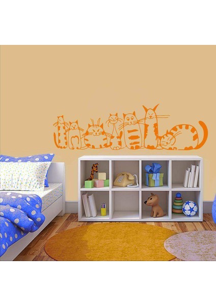 Çok Büyük Boy Sevimli Kedicik Ailesi Dekoratif Duvar Sticker, Çıkartma, Etiket Turuncu