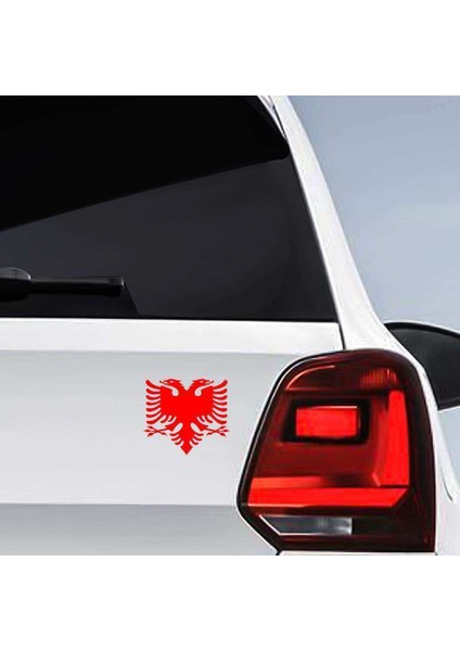 Arnavutluk Bayrak Amblemi Çift Başlı Kartal - Araç Oto Sticker -Araç Aksesuar - 13X14 cm Kırmızı
