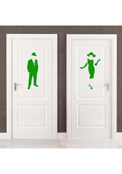 Ladies And Gentlemen Wc Silüeti Kapı Dekoratif Duvar Sticker, Çıkartma Yeşil