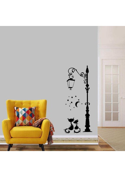 Sokak Lambası Altındaki Aşık Kediler Dekoratif Duvar Sticker, Çıkartma, Etiket