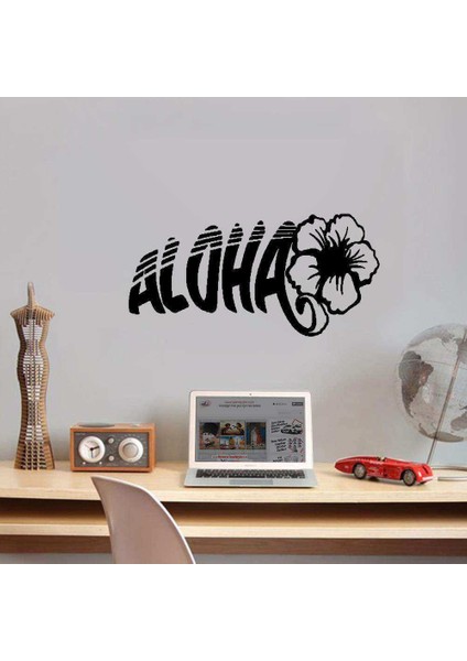 Aloha Yazılı Çiçek Silüeti Dekoratif Duvar Sticker, Çıkartma, Etiket