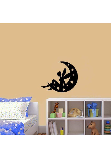 Ay'ın Üzerinde Oturan Peri Kızı Silüeti Dekoratif Duvar Sticker, Çıkartma, Etiket