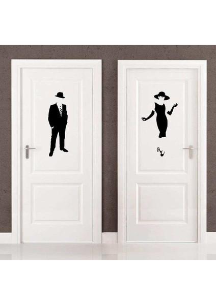 Ladies and Gentlemen Wc Silüeti Kapı Dekoratif Duvar Sticker, Çıkartma Siyah