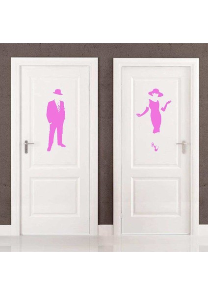 Ladies And Gentlemen Wc Silüeti Kapı Dekoratif Duvar Sticker, Çıkartma Pembe