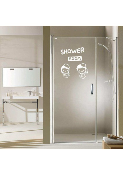 Shower Room Yazılı Kız ve Erkek Çocuk Silüeti Dekoratif Banyo Duvar Sticker, Çıkartma, Etiket Beyaz