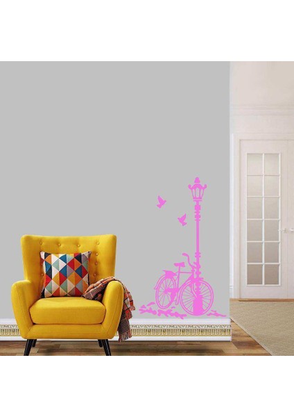 Sokak Lambası Bisiklet Büyük Boy Romantik Tema Dekoratif Duvar Sticker, Çıkartma, Etiket Pembe