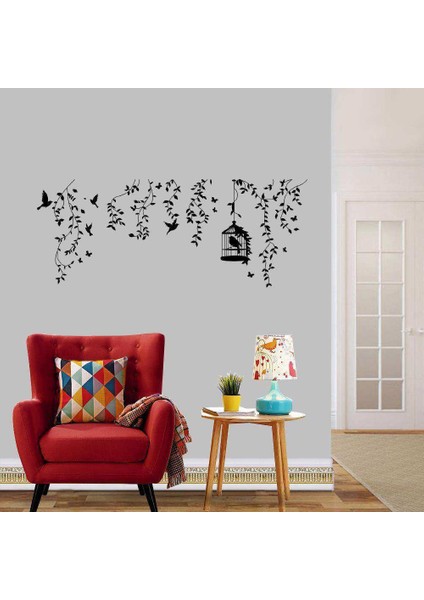 Yapraklı, Kuşlu Sarmaşık Dallar Dekoratif Duvar Sticker, Çıkartma, Etiket