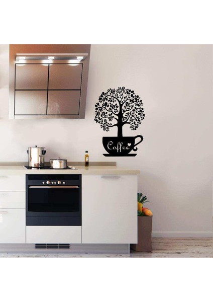 Coffee - Kahve Fincanı Üzerinde Yapraklı Ağaç Silüet Tasarımlı Dekoratif Mutfak Duvar Sticker, Çıka