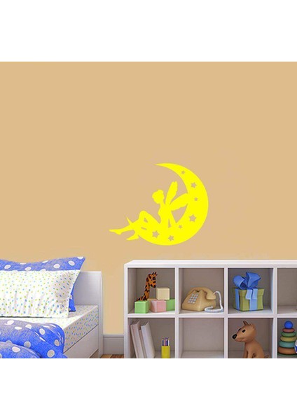 Ay'ın Üzerinde Oturan Peri Kızı Silüeti Dekoratif Duvar Sticker, Çıkartma, Etiket Sarı