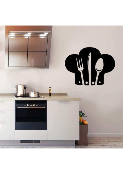 Aşçı Şapkası Üzerinde Çatal Kaşık Bıçak Silüeti Mutfak Dekoratif Duvar Sticker, Çıkartma