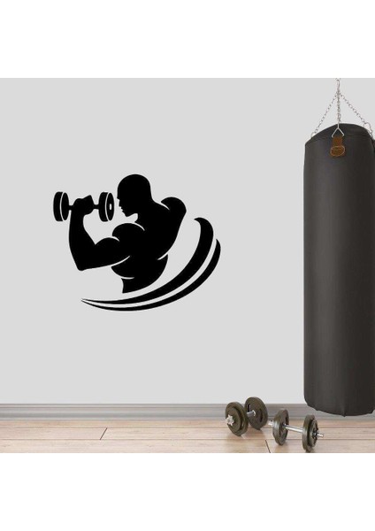 Dambıl Kaldıran Kaslı Güçlü Kollar Silüeti Dekoratif Fitness Spor Salonu Duvar Sticker, Çıkartma
