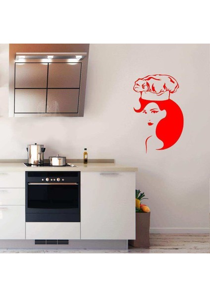 Aşçı Kadın Silüeti Dekoratif Mutfak Duvar Sticker, Çıkartma, Etiket Kırmızı