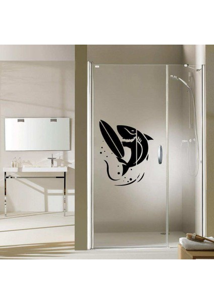 Sörf Yapan Köpekbalığı Silüetli Dekoratif Banyo Duşakabin Sticker, Çıkartma, Etiket