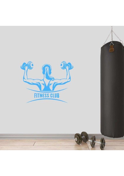 Dumbell, Iki Kol Çalışan Kız, Fitness Dekoratif Duvar Sticker, Çıkartma, Etiket Mavi