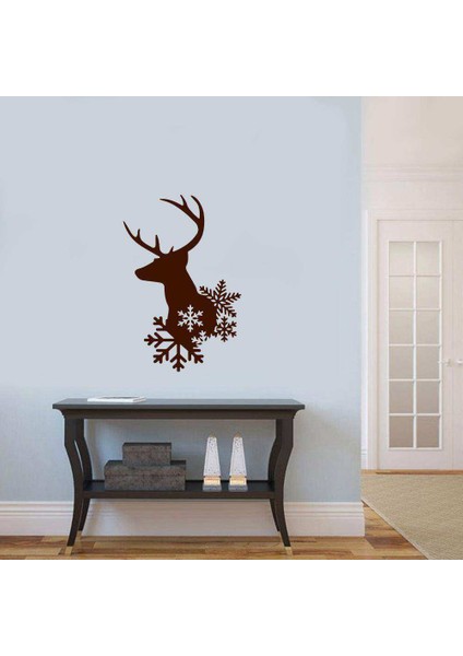 Kar Kristalleri ve Geyik Silüeti Dekoratif Duvar Sticker, Çıkartma Kahverengi Koyu