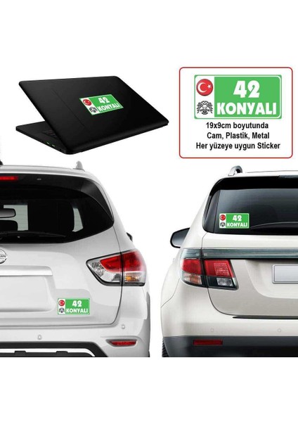 42 Konya - Memleket Sticker - Şehir - Arma,cam, Laptop Etiket Araç Aksesuar -Oto Sticker 19X9CM