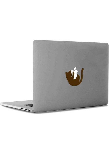 Elma Sever Tatlı Kedicik Mac Book Laptop Sticker, Etiket, Çıkartma Kahverengi