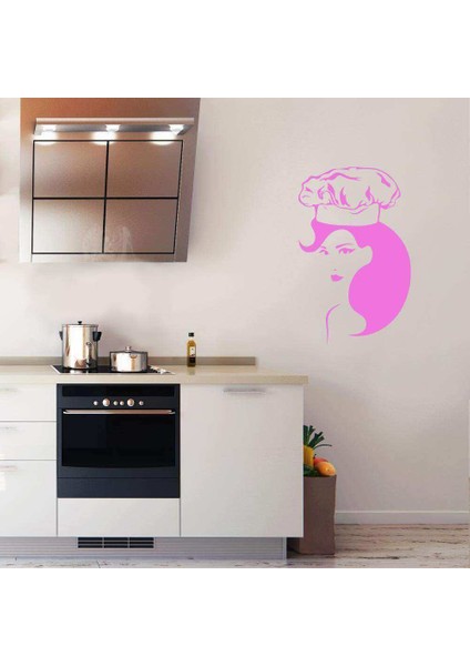 Aşçı Kadın Silüeti Dekoratif Mutfak Duvar Sticker, Çıkartma, Etiket Pembe