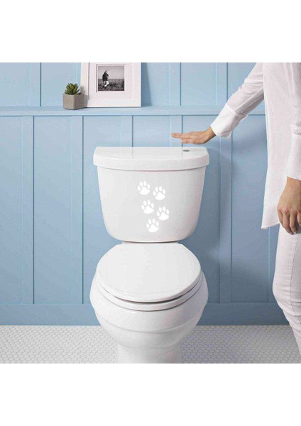 Kedi Pati Izleri Silüeti Dekoratif Wc Klozet Sticker, Çıkartma, Etiket Beyaz