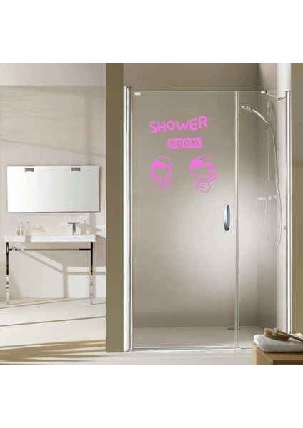 Shower Room Yazılı Kız ve Erkek Çocuk Silüeti Dekoratif Banyo Duvar Sticker, Çıkartma, Etiket Pembe