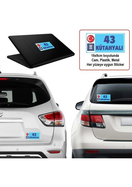 43 Kütahya - Memleket Sticker - Şehir - Arma,cam, Laptop Etiket Araç Aksesuar -Oto Sticker 19X9CM