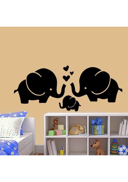 Anne Baba ve Çocuk Fil - Mutlu Aile Silüeti Dekoratif Duvar Sticker, Çıkartma