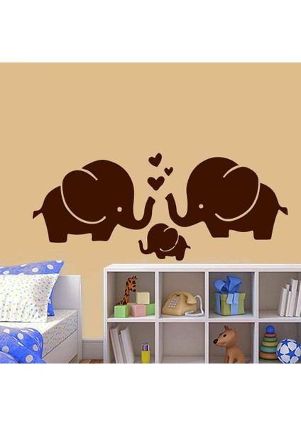 Anne Baba ve Çocuk Fil - Mutlu Aile Silüeti Dekoratif Duvar Sticker, Çıkartma