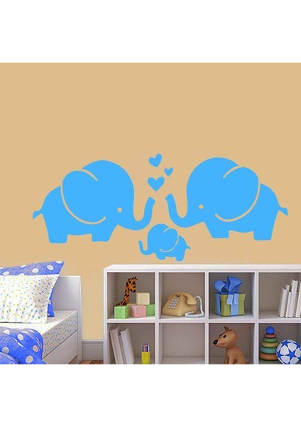Anne Baba ve Çocuk Fil - Mutlu Aile Silüeti Dekoratif Duvar Sticker, Çıkartma