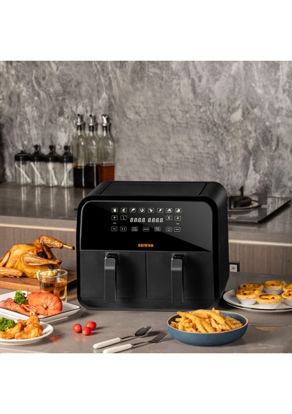 D8 Dokunmatik Ekran (4+4) 8lt Çift Hazneli Airfryer Yağsız Fritöz 1700W