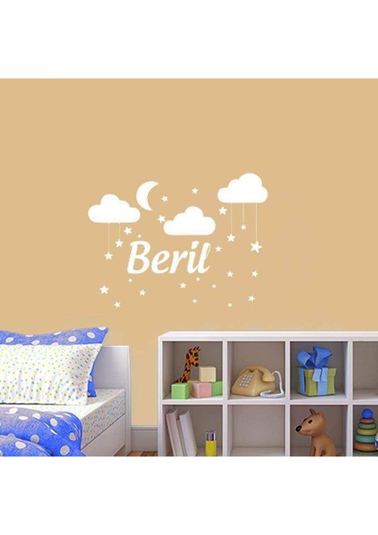 Ay, Bulut ve Yıldızlar Uyku Temalı - Isme Özel Dekoratif Çocuk Odası Duvar Sticker, Çıkartma Beyaz