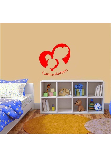 Canım Annem Yazılı Anne ve Kız Çocuğu Silüeti Dekoratif Duvar Sticker, Çıkartma Kırmızı