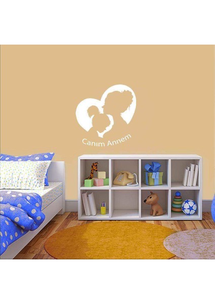 Canım Annem Yazılı Anne ve Kız Çocuğu Silüeti Dekoratif Duvar Sticker, Çıkartma