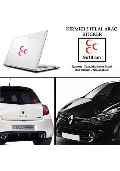 Osmanlı Sancak Bayrağı Kırmızı 3 Hilal Araç Oto Sticker -Araç Aksesuar - 9X10 cm