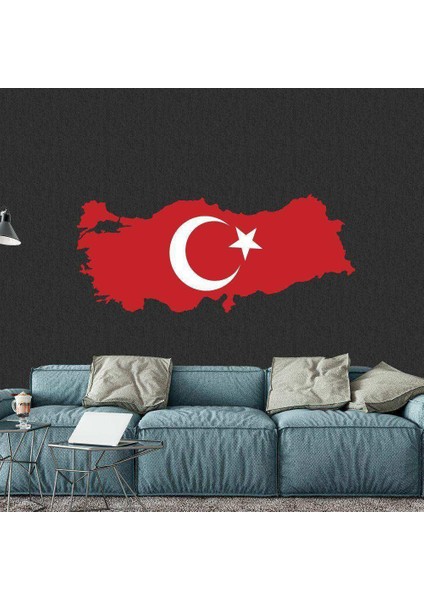 Kırmızı Türkiye Haritası Beyaz Ayyıldız Dekoratif Duvar Sticker, Çıkartma, Etiket Sarı