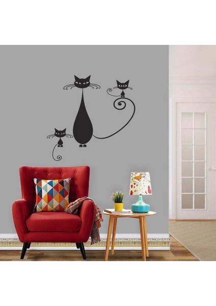 Kıvrık Kuyruk Kedi Ailesi Dekoratif Duvar Sticker, Çıkartma, Etiket Siyah