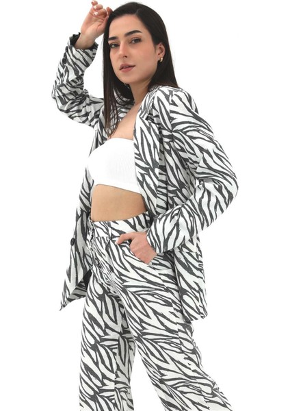 Zebra Desen Oversize Keten Ceket - Siyah