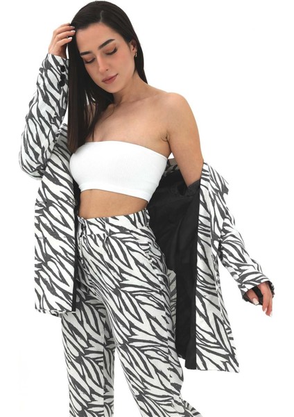 Zebra Desen Oversize Keten Ceket - Siyah