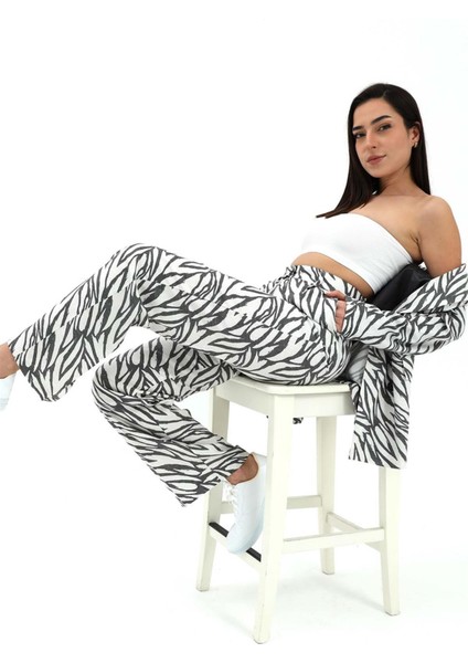 Marissa Butik Zebra Desen Yüksek Bel Keten Pantolon - Siyah