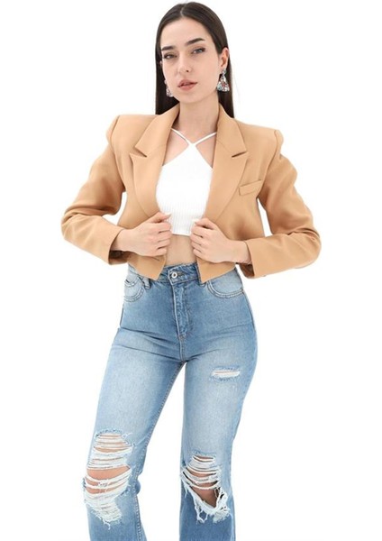 Crop Blazer Kısa Ceket - Camel