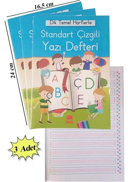 Güzel Yazı Defteri Orta Boy 16,5X24 cm 24 Yaprak 3 Adet Standart Çizgili Yazı Defteri Dik Temel Harflerle 1. Sınıf