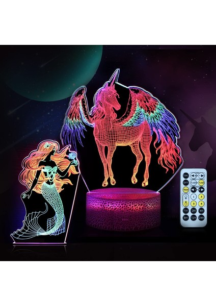 Çocuklar Için Dıy 3D Gece Lambası, 2 Desen ve 2'si 1 Arada Tek Boynuzlu Deniz Kızı (Yurt Dışından)