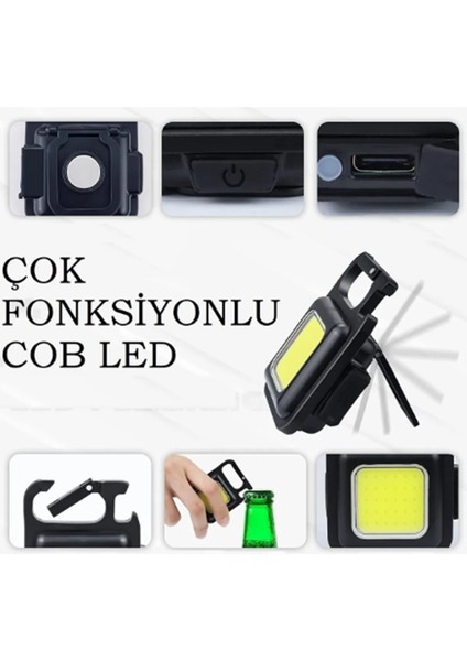 LED Anahtarlıklı El Feneri Şişe Açacağı Usb’li Şarj Edilebilir Cep Boy Cob LED Mıknatıslı ((Metal))