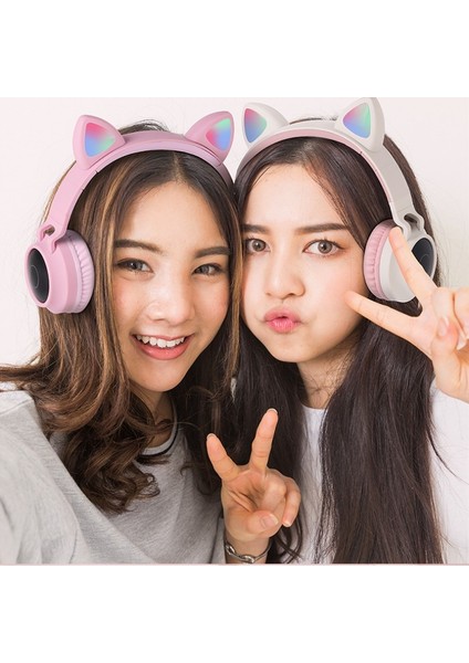 Kedi Kulağı Yanıp Sönen Işık Bluetooth Kulaklık LED Işıklı Oyun Kulak Içi Kulaklık (Yurt Dışından)