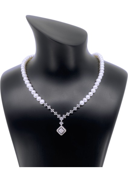 Pars Jewellery Gerçek Inci Set, 925 Gümüş Takım,  Gerdanlık Set, Kolye, Bileklik, Küpe, Düğün Seti