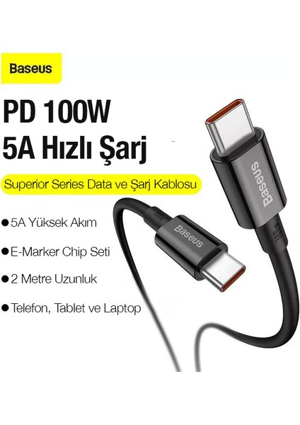 Superior Series 100W Type-C To Type-C Hızlı Data Şarj Kablosu 1m