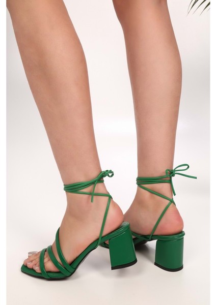 Kadın Dayra Yeşil Bilekten Bağlı Topuklu Sandalet Ayakkabı fırsatları
