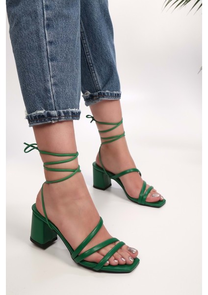 Kadın Dayra Yeşil Bilekten Bağlı Topuklu Sandalet Ayakkabı indirimleri