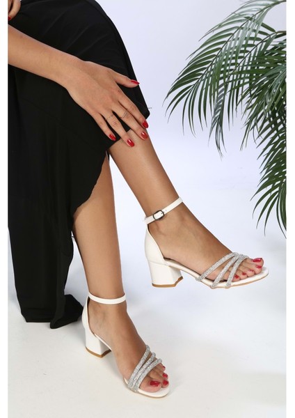 Kadın Topuklu Ayakkabı Beyaz Biyeli Taşlı Yüksek Topuk 6 cm