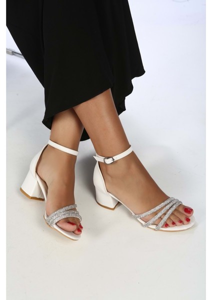 Kadın Topuklu Ayakkabı Beyaz Biyeli Taşlı Yüksek Topuk 6 cm modelleri